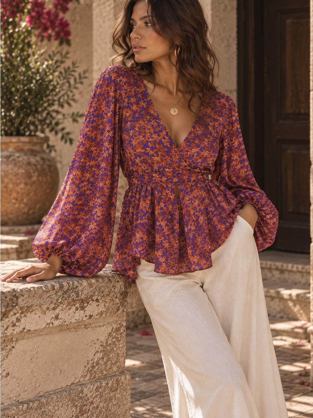 entro Purple Floral V-Neck Peplum Blouse